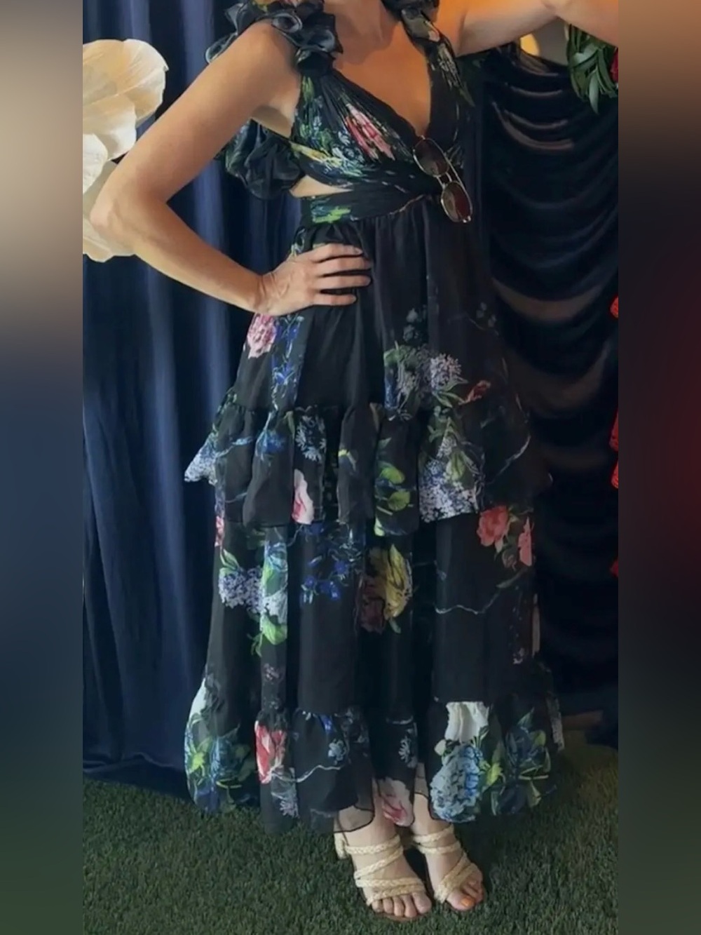 Mac Duggal Black Ruffle Tiered Floral Cut-Out Chiffon Dress Sz 6. - Picture 8 of 15